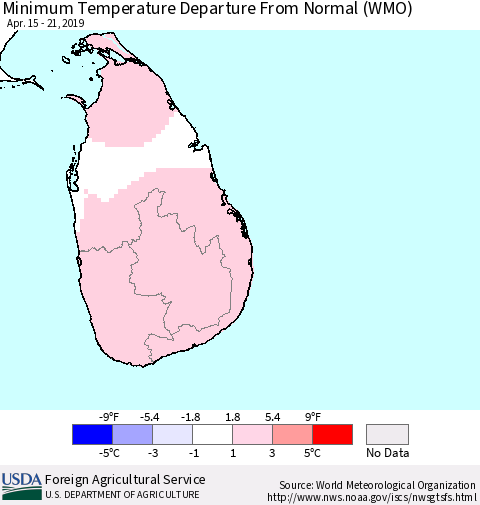 Sri Lanka Mean Minimum Temperature Departure from Normal (WMO) Thematic Map For 4/15/2019 - 4/21/2019