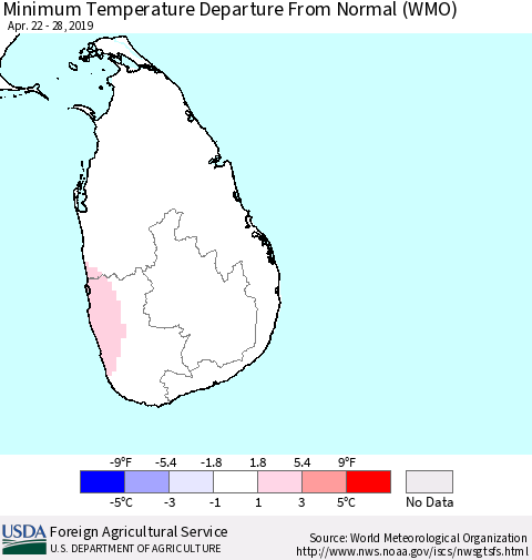 Sri Lanka Mean Minimum Temperature Departure from Normal (WMO) Thematic Map For 4/22/2019 - 4/28/2019