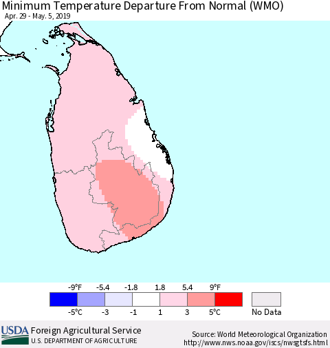 Sri Lanka Mean Minimum Temperature Departure from Normal (WMO) Thematic Map For 4/29/2019 - 5/5/2019