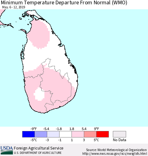 Sri Lanka Mean Minimum Temperature Departure from Normal (WMO) Thematic Map For 5/6/2019 - 5/12/2019
