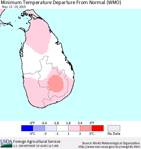 Sri Lanka Mean Minimum Temperature Departure from Normal (WMO) Thematic Map For 5/13/2019 - 5/19/2019