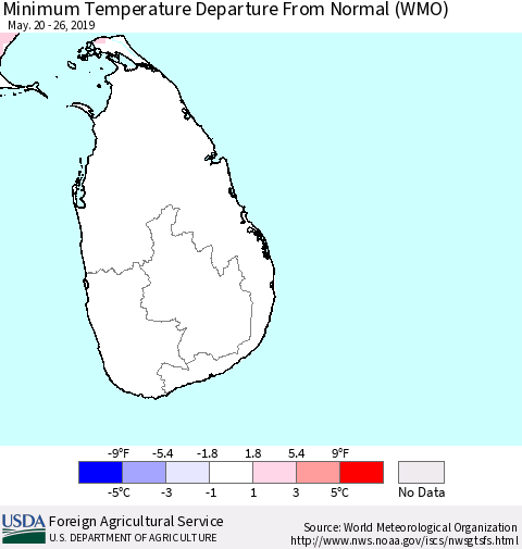 Sri Lanka Minimum Temperature Departure From Normal (WMO) Thematic Map For 5/20/2019 - 5/26/2019