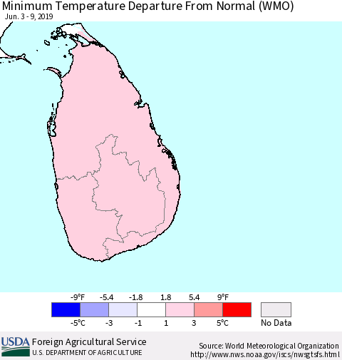 Sri Lanka Mean Minimum Temperature Departure from Normal (WMO) Thematic Map For 6/3/2019 - 6/9/2019