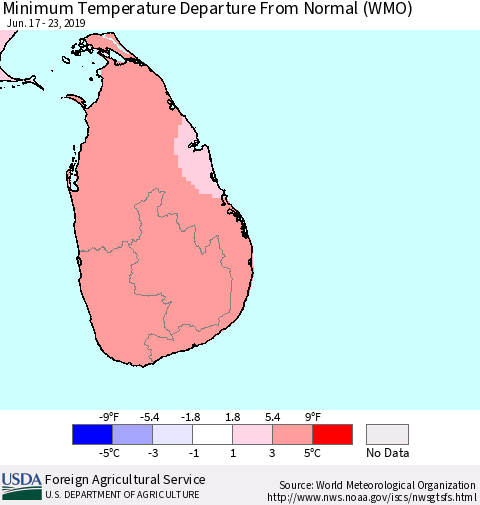 Sri Lanka Minimum Temperature Departure From Normal (WMO) Thematic Map For 6/17/2019 - 6/23/2019