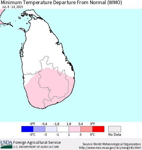 Sri Lanka Minimum Temperature Departure From Normal (WMO) Thematic Map For 7/8/2019 - 7/14/2019