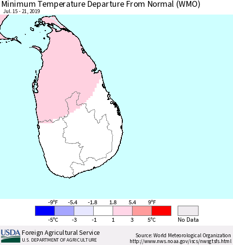 Sri Lanka Mean Minimum Temperature Departure from Normal (WMO) Thematic Map For 7/15/2019 - 7/21/2019