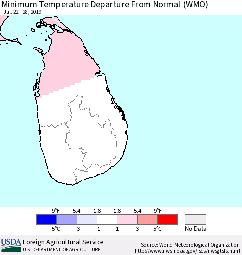 Sri Lanka Minimum Temperature Departure From Normal (WMO) Thematic Map For 7/22/2019 - 7/28/2019