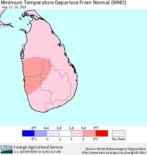 Sri Lanka Minimum Temperature Departure From Normal (WMO) Thematic Map For 8/12/2019 - 8/18/2019