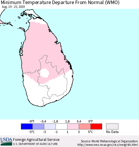 Sri Lanka Minimum Temperature Departure From Normal (WMO) Thematic Map For 8/19/2019 - 8/25/2019