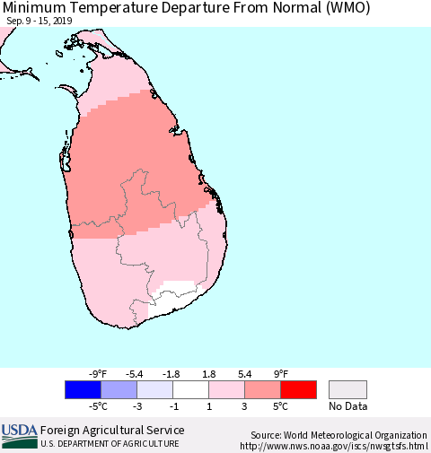 Sri Lanka Minimum Temperature Departure From Normal (WMO) Thematic Map For 9/9/2019 - 9/15/2019