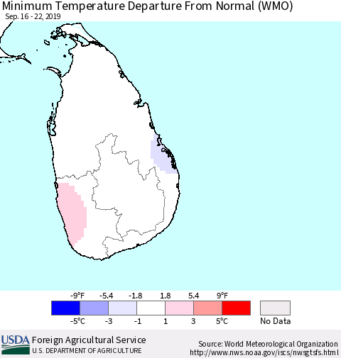Sri Lanka Minimum Temperature Departure From Normal (WMO) Thematic Map For 9/16/2019 - 9/22/2019
