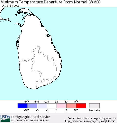 Sri Lanka Mean Minimum Temperature Departure from Normal (WMO) Thematic Map For 10/7/2019 - 10/13/2019