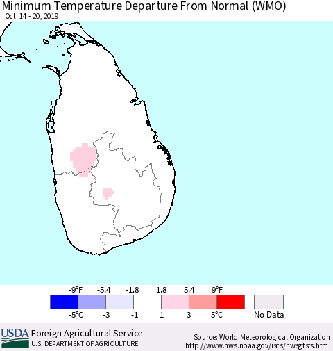 Sri Lanka Mean Minimum Temperature Departure from Normal (WMO) Thematic Map For 10/14/2019 - 10/20/2019