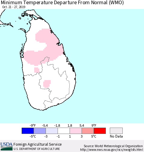 Sri Lanka Mean Minimum Temperature Departure from Normal (WMO) Thematic Map For 10/21/2019 - 10/27/2019