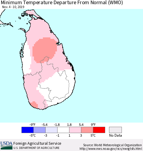 Sri Lanka Mean Minimum Temperature Departure from Normal (WMO) Thematic Map For 11/4/2019 - 11/10/2019