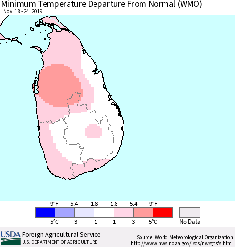 Sri Lanka Mean Minimum Temperature Departure from Normal (WMO) Thematic Map For 11/18/2019 - 11/24/2019
