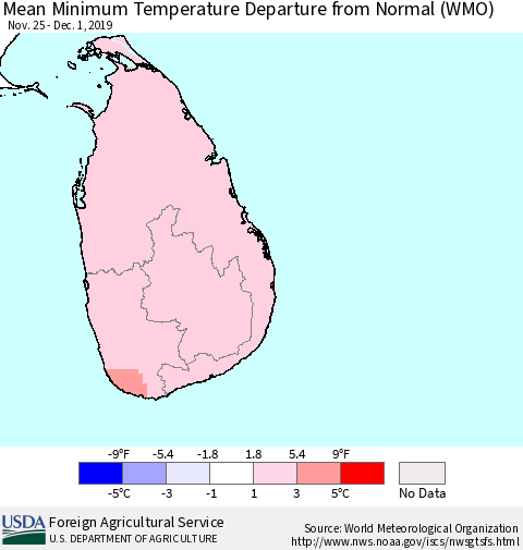 Sri Lanka Minimum Temperature Departure From Normal (WMO) Thematic Map For 11/25/2019 - 12/1/2019