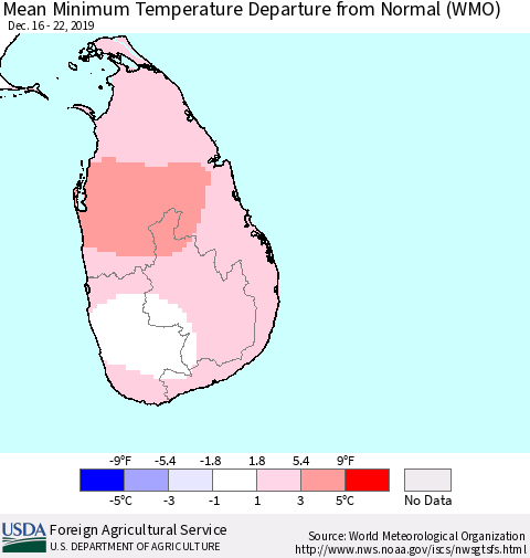 Sri Lanka Minimum Temperature Departure From Normal (WMO) Thematic Map For 12/16/2019 - 12/22/2019