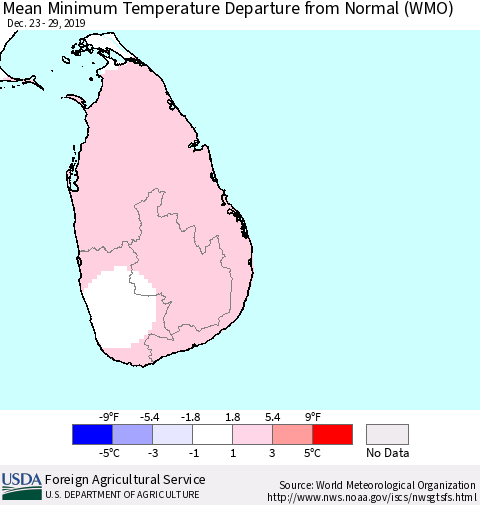 Sri Lanka Minimum Temperature Departure From Normal (WMO) Thematic Map For 12/23/2019 - 12/29/2019