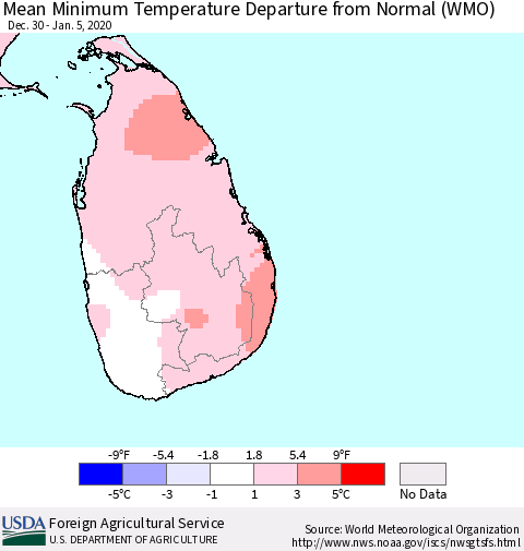 Sri Lanka Mean Minimum Temperature Departure from Normal (WMO) Thematic Map For 12/30/2019 - 1/5/2020