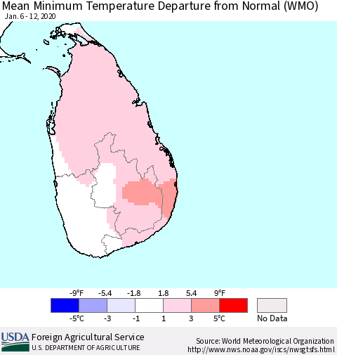 Sri Lanka Mean Minimum Temperature Departure from Normal (WMO) Thematic Map For 1/6/2020 - 1/12/2020