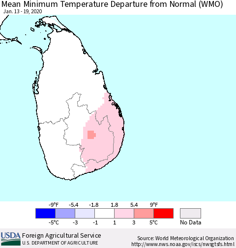 Sri Lanka Minimum Temperature Departure From Normal (WMO) Thematic Map For 1/13/2020 - 1/19/2020