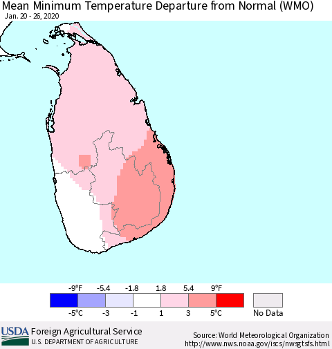 Sri Lanka Minimum Temperature Departure From Normal (WMO) Thematic Map For 1/20/2020 - 1/26/2020