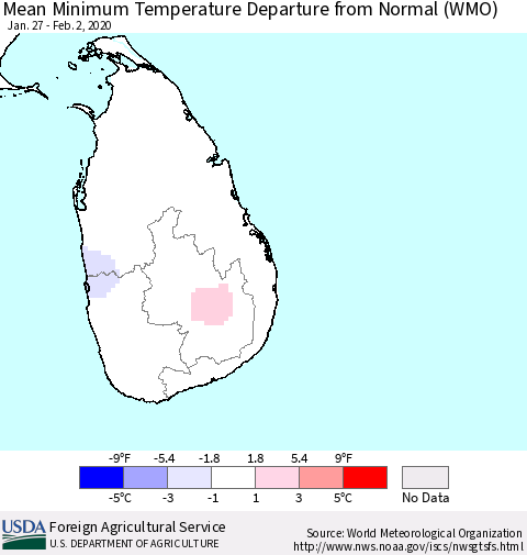 Sri Lanka Minimum Temperature Departure From Normal (WMO) Thematic Map For 1/27/2020 - 2/2/2020