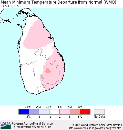 Sri Lanka Mean Minimum Temperature Departure from Normal (WMO) Thematic Map For 2/3/2020 - 2/9/2020