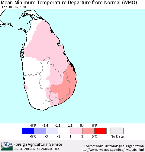 Sri Lanka Mean Minimum Temperature Departure from Normal (WMO) Thematic Map For 2/10/2020 - 2/16/2020