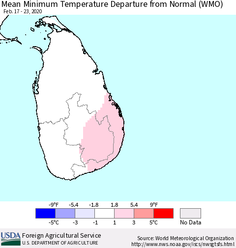 Sri Lanka Minimum Temperature Departure From Normal (WMO) Thematic Map For 2/17/2020 - 2/23/2020