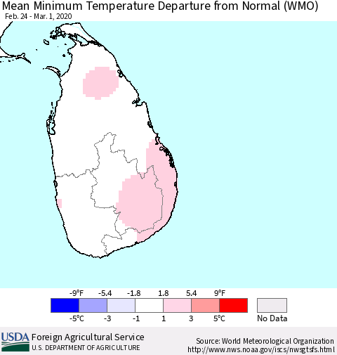 Sri Lanka Minimum Temperature Departure From Normal (WMO) Thematic Map For 2/24/2020 - 3/1/2020