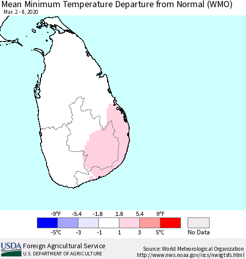 Sri Lanka Minimum Temperature Departure From Normal (WMO) Thematic Map For 3/2/2020 - 3/8/2020