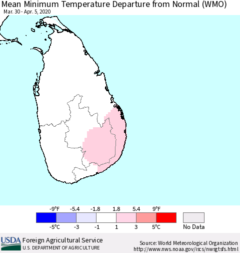 Sri Lanka Minimum Temperature Departure From Normal (WMO) Thematic Map For 3/30/2020 - 4/5/2020