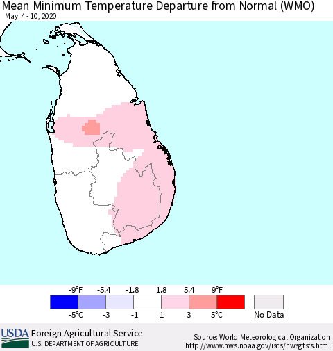 Sri Lanka Mean Minimum Temperature Departure from Normal (WMO) Thematic Map For 5/4/2020 - 5/10/2020