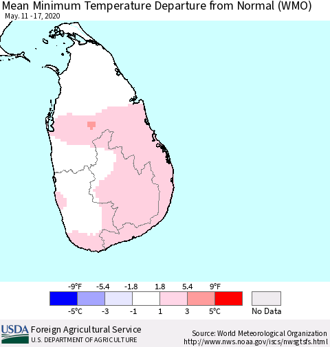 Sri Lanka Minimum Temperature Departure From Normal (WMO) Thematic Map For 5/11/2020 - 5/17/2020