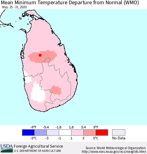Sri Lanka Minimum Temperature Departure From Normal (WMO) Thematic Map For 5/25/2020 - 5/31/2020