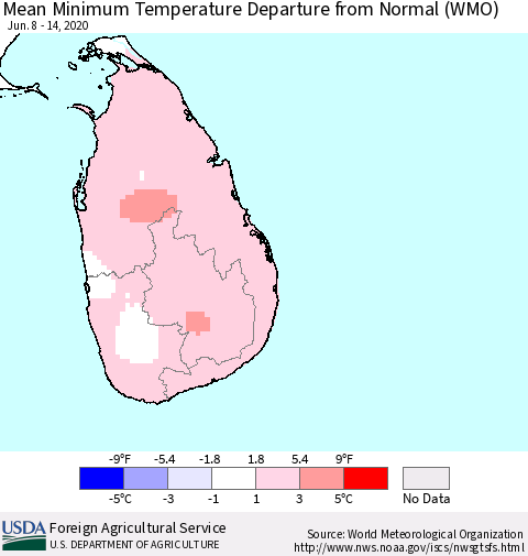 Sri Lanka Minimum Temperature Departure From Normal (WMO) Thematic Map For 6/8/2020 - 6/14/2020