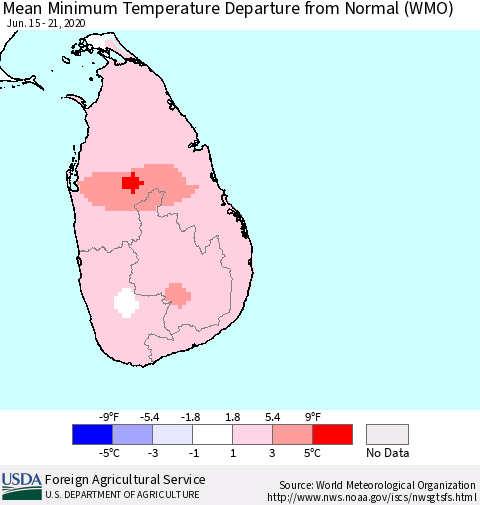 Sri Lanka Minimum Temperature Departure From Normal (WMO) Thematic Map For 6/15/2020 - 6/21/2020