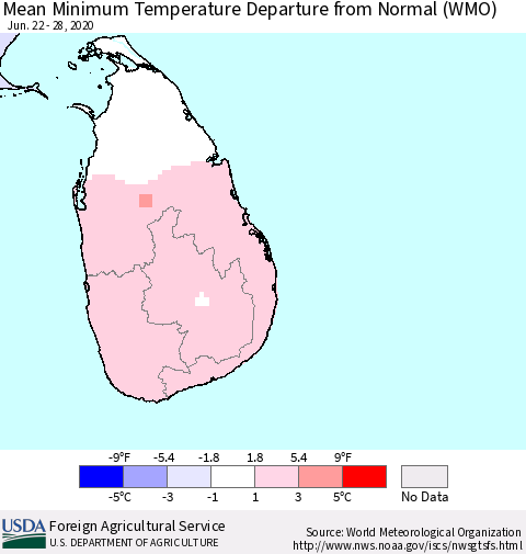 Sri Lanka Minimum Temperature Departure From Normal (WMO) Thematic Map For 6/22/2020 - 6/28/2020
