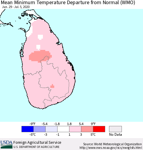Sri Lanka Mean Minimum Temperature Departure from Normal (WMO) Thematic Map For 6/29/2020 - 7/5/2020