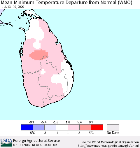 Sri Lanka Minimum Temperature Departure From Normal (WMO) Thematic Map For 7/13/2020 - 7/19/2020