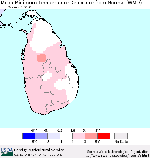 Sri Lanka Mean Minimum Temperature Departure from Normal (WMO) Thematic Map For 7/27/2020 - 8/2/2020