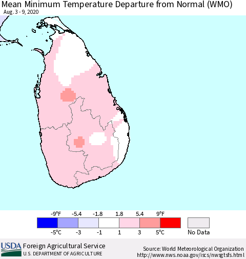 Sri Lanka Mean Minimum Temperature Departure from Normal (WMO) Thematic Map For 8/3/2020 - 8/9/2020