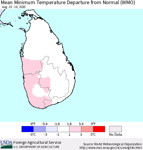Sri Lanka Minimum Temperature Departure From Normal (WMO) Thematic Map For 8/10/2020 - 8/16/2020