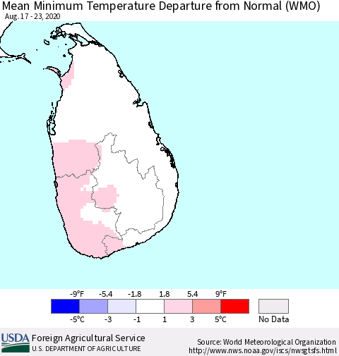 Sri Lanka Mean Minimum Temperature Departure from Normal (WMO) Thematic Map For 8/17/2020 - 8/23/2020