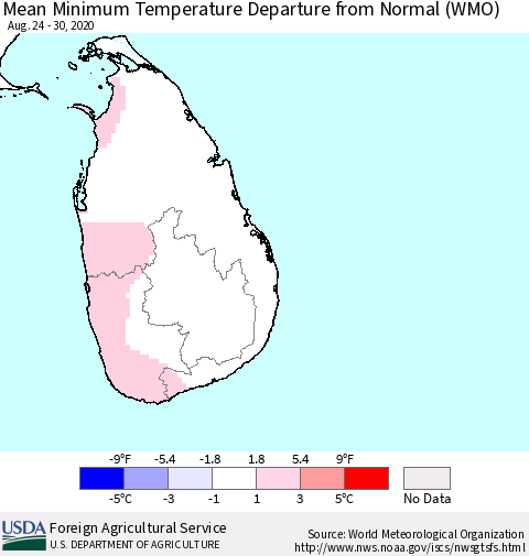 Sri Lanka Mean Minimum Temperature Departure from Normal (WMO) Thematic Map For 8/24/2020 - 8/30/2020