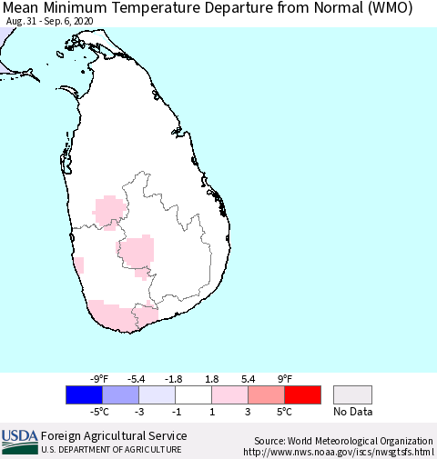 Sri Lanka Mean Minimum Temperature Departure from Normal (WMO) Thematic Map For 8/31/2020 - 9/6/2020