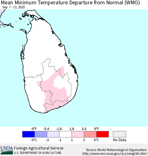 Sri Lanka Mean Minimum Temperature Departure from Normal (WMO) Thematic Map For 9/7/2020 - 9/13/2020