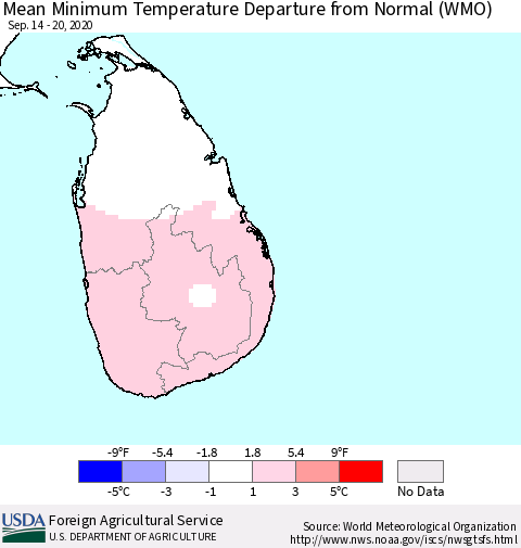 Sri Lanka Mean Minimum Temperature Departure from Normal (WMO) Thematic Map For 9/14/2020 - 9/20/2020